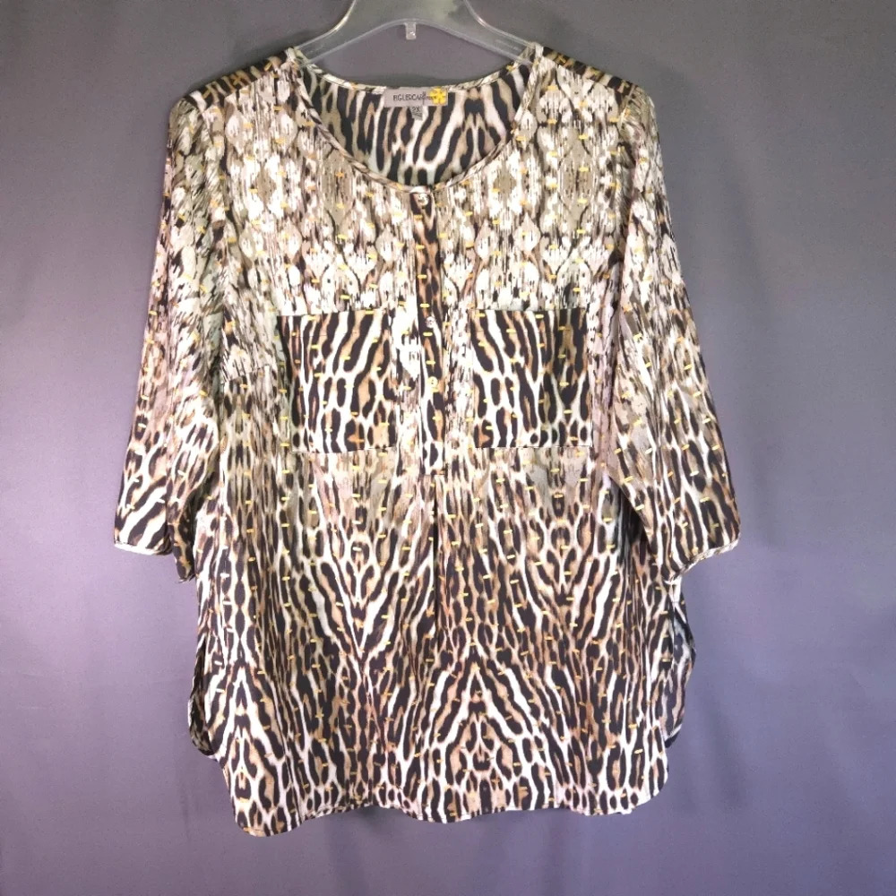 Figueroa & Flower Tunic 3/4 Sleeve Leopard and Ikat Print Size 2X‎